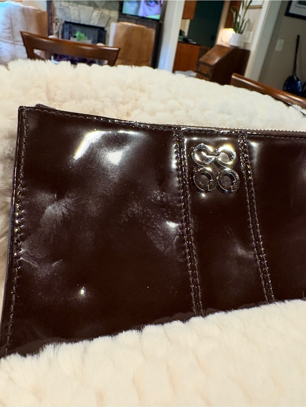 Coach Brown Patent Leather Wristlet with large animal print scarf - Picture 5 of 13